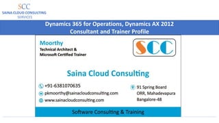 Dynamics 365 for Operations, Dynamics AX 2012
Consultant and Trainer Profile
SCC
SAINA CLOUD CONSULTING
SERVICES
 