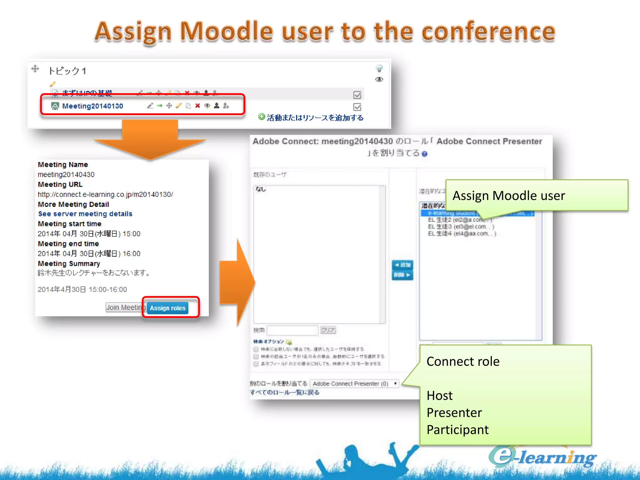 Assign Moodle user

Connect role
Host
Presenter
Participant

 