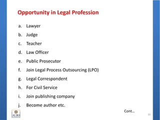 Opportunity in Legal Profession
10
Cont…
a. Lawyer
b. Judge
c. Teacher
d. Law Officer
e. Public Prosecutor
f. Join Legal Process Outsourcing (LPO)
g. Legal Correspondent
h. For Civil Service
i. Join publishing company
j. Become author etc.
 