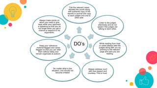 DO’s
Cite the relevant cases
decided the courts along
with authentic copy of the
reports or journal one copy
to each judges and one to
other side.
Listen to the judges
attentively and do not
speak if the judges are
talking to each other.
While reading from brief
or cases always take the
judges along with you by
pointing to the relevant
page and para you are
reading.
Always address court
with due respect and
courtesy. This is must.
No matter what is the
situation, one should not
become irritated
Keep your reference
material flagged and cases
flagged so that you can refer
them without delay and
remain organized at podium.
Always make points on
which you need to give
reply while your opponent
is speaking so that you do
not forget when you get a
chance to respond to his
arguments.
 