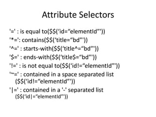 Attribute Selectors
'=' : is equal to($$(‘id=“elementId”'))
'*=': contains($$(‘title=“bd”'))
'^=' : starts-with($$(‘title^=“bd”'))
'$=' : ends-with($$(‘title$=“bd”'))
'!=' : is not equal to($$(‘id!=“elementId”'))
'~=' : contained in a space separated list
($$(‘id!=“elementId”'))
'|=' : contained in a '-' separated list
($$(‘id|=“elementId”'))
 