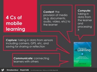 4 Cs of
mobile
learning
Content: the
provision of media
(e.g. documents,
audio, video, etc) to
the learner
Capture: taking in data from sensors
including camera, GPS, etc, and
saving for sharing or reflection
Compute:
taking in
data from
the learner
and
processing
it
Communicate: connecting
learners with others
@epictalk For all the latest news , follow us on twitter @epictalk@maberdour
 