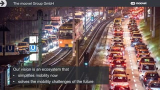 The moovel Group GmbH
Our vision is an ecosystem that
• simplifies mobility now
• solves the mobility challenges of the future
 