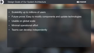 Entwicklung 3: Autonomes Fahren
Wir verändern die Art,
wie wir uns fortbewegen.
• Scalability up to millions of users
• Future prove: Easy to modify components and update technologies
• Usable on global scale
• Minimal operational effort
• Teams can develop independently
Design Goals of Our System Architecture
 