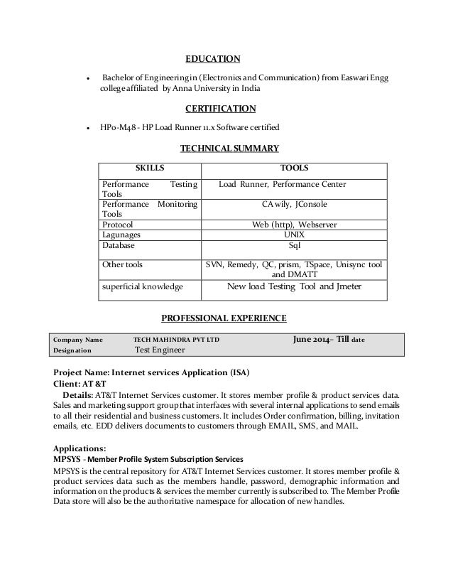 loadrunner resume