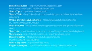 Sketch ressources – http://www.sketchappsources.com -
https://sketchrepo.com - http://sketchhunt.com
Sketch Tips – http://www.sketchtips.info 
Sketch Tricks – http://sketchtricks.com (and also you can follow their Medium
collection)
Oﬃcial Sketch youtube channel - https://www.youtube.com/channel/
UC-1eTnnUmKJ8yEa1nCnAGpw
Sketch courses - https://www.invisionapp.com/ecourses/design-workﬂow-with-
sketch
Shortcuts - http://sketchshortcuts.com - https://designcode.io/sketch-keyboard
Sketch news - https://sketch.curated.co - http://sketchapp.rocks
Sketch together - https://www.youtube.com/channel/
UCZHkx_OyRXHb1D3XTqOidRw
Sketch app rock! - http://sketchapp.rocks
Plugins managers: https://sketchpacks.com - http://sketchtoolbox.com
 