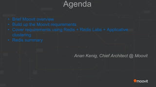 Agenda
• Brief Moovit overview
• Build up the Moovit requirements
• Cover requirements using Redis + Redis Labs + Applicative
clustering
• Redis summary
Anan Kenig, Chief Architect @ Moovit
 