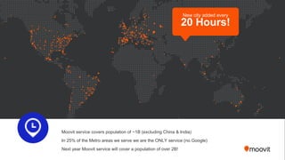 New city added every
20 Hours!
Moovit service covers population of ~1B (excluding China & India)
In 25% of the Metro areas we serve we are the ONLY service (no Google(
Next year Moovit service will cover a population of over 2B!
 