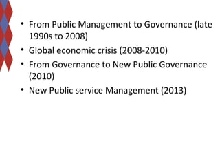 • From Public Management to Governance (late 
1990s to 2008) 
• Global economic crisis (2008-2010) 
• From Governance to New Public Governance 
(2010) 
• New Public service Management (2013) 
 