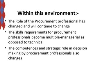 Within this environment:- 
• The Role of the Procurement professional has 
changed and will continue to change 
• The skills requirements for procurement 
professionals become multiple-managerial as 
opposed to technical 
• The competences and strategic role in decision 
making by procurement professionals also 
changes 
 