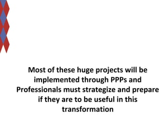 Most of these huge projects will be 
implemented through PPPs and 
Professionals must strategize and prepare 
if they are to be useful in this 
transformation 
 