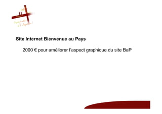 Site Internet Bienvenue au Pays

   2000 € pour améliorer l’aspect graphique du site BaP
 