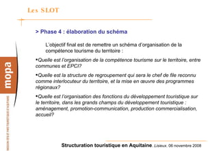 Les SLOT  > Phase 4 : élaboration du schéma L’objectif final est de remettre un schéma d’organisation de la compétence tourisme du territoire : Quelle est l’organisation de la compétence tourisme sur le territoire, entre communes et EPCI? Quelle est la structure de regroupement qui sera le chef de file reconnu comme interlocuteur du territoire, et la mise en œuvre des programmes régionaux? Quelle est l’organisation des fonctions du développement touristique sur le territoire, dans les grands champs du développement touristique : aménagement, promotion-communication, production commercialisation, accueil? 