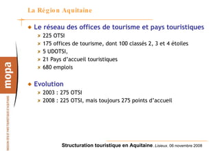 La Région Aquitaine Le réseau des offices de tourisme et pays touristiques  225 OTSI 175 offices de tourisme, dont 100 classés 2, 3 et 4 étoiles 5 UDOTSI,  21 Pays d’accueil touristiques  680 emplois Evolution   2003 : 275 OTSI 2008 : 225 OTSI, mais toujours 275 points d’accueil 