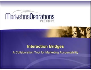 A Collaboration Tool for
Marketing Accountability
Interaction Bridges
Center your business on customers as the key to growth: accountability, alignment & agility
 