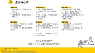 10
產品鬼故事
規劃初期
◉ 利害關係者：這功能要怎樣
怎樣…
[一個月過去]
◉ 利害關係者：怎麼還沒出來
◉ PM：…
開發過程(1/2)
◉ PM：老闆要這個功能
◉ 工程師：為什麼？想解決什
麼？
◉ PM：不知道，時間很趕沒有
那麼多為什麼。
◉ 工程師：…
開發過程(2/2)
◉ PM：該功能下個月上線
◉ 工程師：那請把規格書（功
能、畫面）等細節給我們
◉ PM(心裡)：RD 很難合作，規
格書也沒有標準
◉ PM/工程師：…
驗收階段
◉ 工程師A：時間不夠，還有哪
裡可以節省時間
◉ 工程師B：有 QA 交給他們驗
證就好
功能上線
◉ 利害關係者：這不是我要的
◉ 產品團隊：…
◉ 產品團隊：不是我的錯，都
是對口單位的問題
以上內容如有雷同，純屬巧合
圖片來源
• http://pic.kekenet.com/2012/0214/20120214012551217.jpg
驗收階段
◉ QA：每次都是我們卡在最後，
測試案例寫不完怎麼辦？
◉ ??：找多點人測試，有人背書
就好
◉ …
◉ 上版人員：最後是我 ，出包
我就要加班了
到底是誰的問題？
老闆？公司？絕對不是自己的問題
 