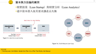 資本與方法論的衝突
◉精實創業（Lean Startup）與精實分析（Lean Analytics）
◉過早資本進入後其要求讓產品失衡
資料來源
• Running Lean, 2nd Edition: Iterate from Plan A to a Plan That Works, Ash Maurya
11
 
