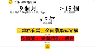 2014 佈局電商 1.0
9 個月綜合電商 friDay購物（大網、App）
技術債、 完整功能、穀倉
難以避免
> 15 個平台與系統
x 5 倍產品團隊
自建私有雲、全面叢集式架構
質化指標
6
 
