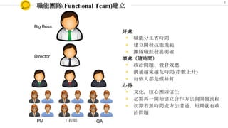 好處
◉ 職能分工省時間
◉ 建立開發技能規範
◉ 團隊職涯發展明確
壞處（隨時間）
◉ 政治問題、穀倉效應
◉ 溝通越來越花時間(指數上升)
◉ 每個人都是螺絲釘
心得
◉ 文化，核心團隊信任
◉ 必需再一開始建立合作方法與開發流程
◉ 初期若無時間或方法溝通，短期就有政
治問題
職能團隊(Functional Team)建立
PM 工程師 QA
Director
Big Boss
8
 