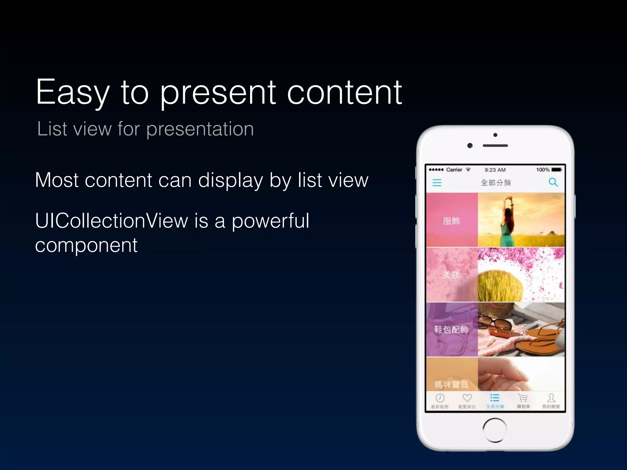 Easy to present content 
List view for presentation 
Most content can display by list view 
UICollectionView is a powerful 
component 
 