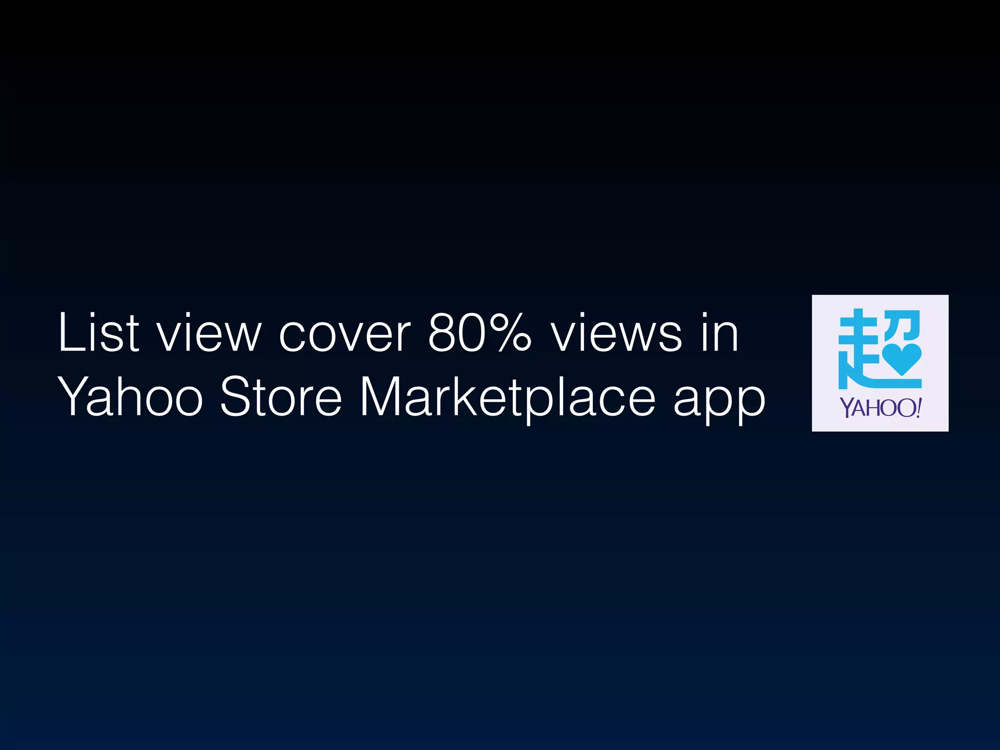 List view cover 80% views in 
Yahoo Store Marketplace app 
 