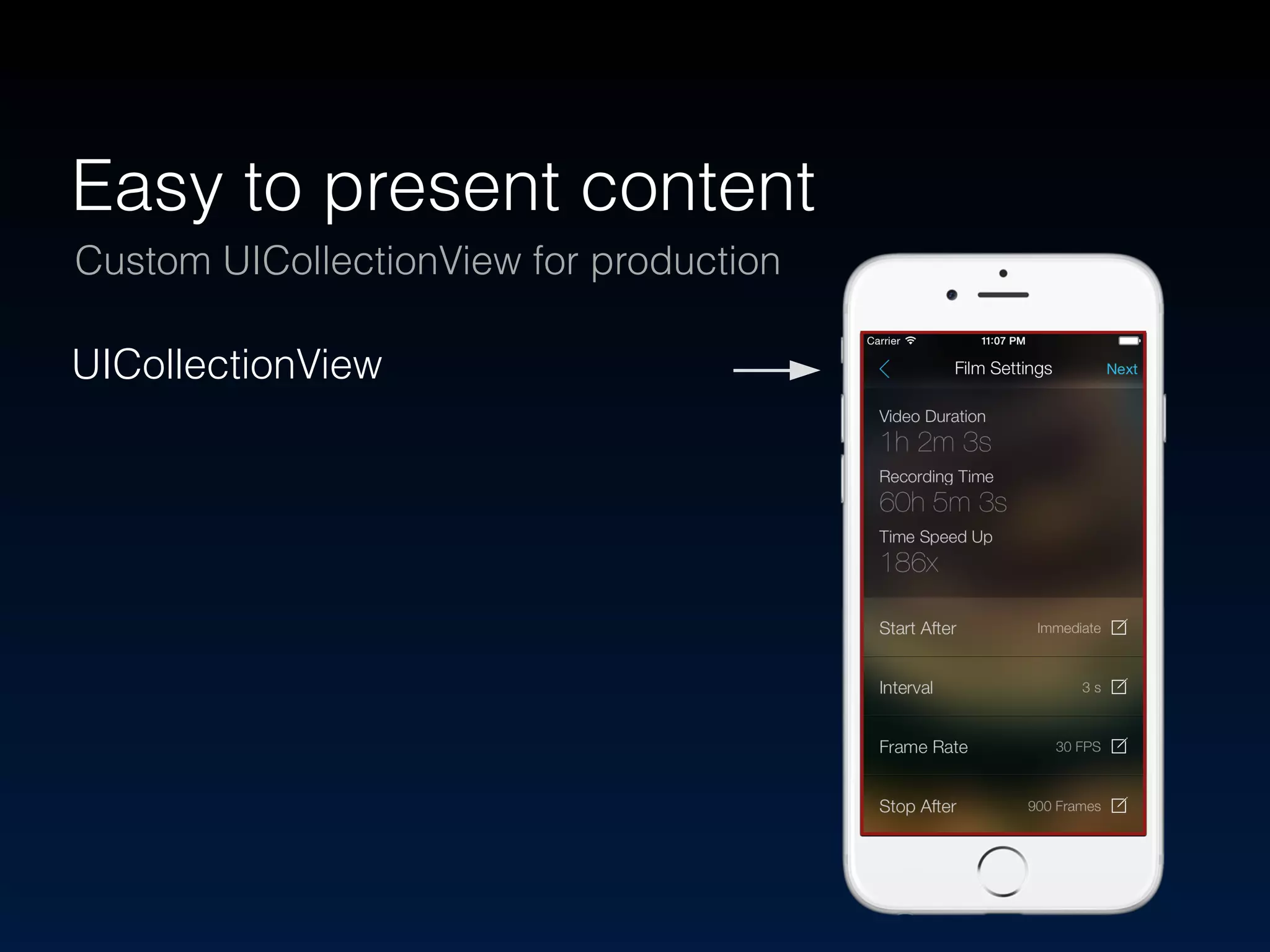 Easy to present content 
Custom UICollectionView for production 
UICollectionView 
 