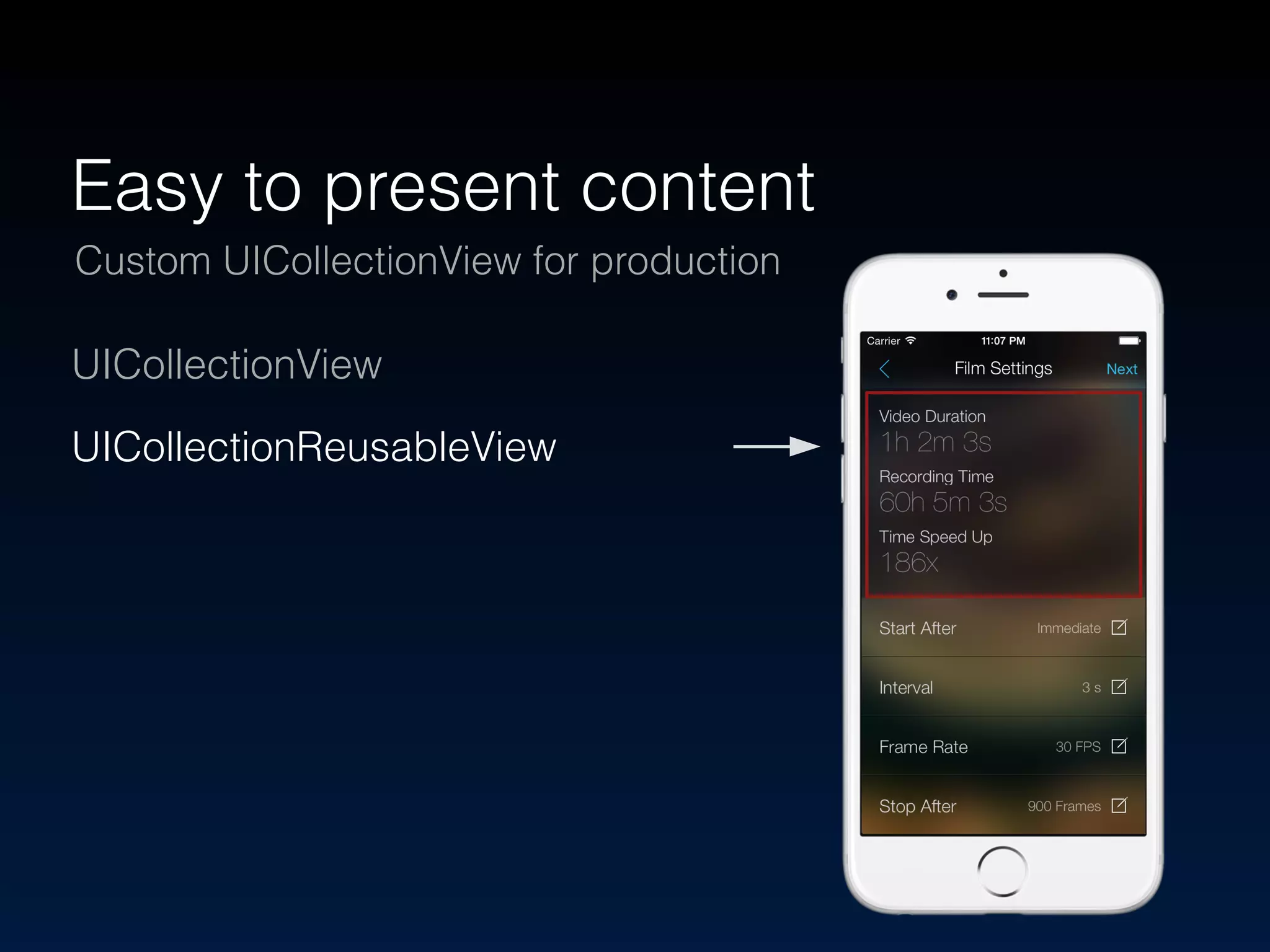 Easy to present content 
Custom UICollectionView for production 
UICollectionView 
UICollectionReusableView 
! 
 