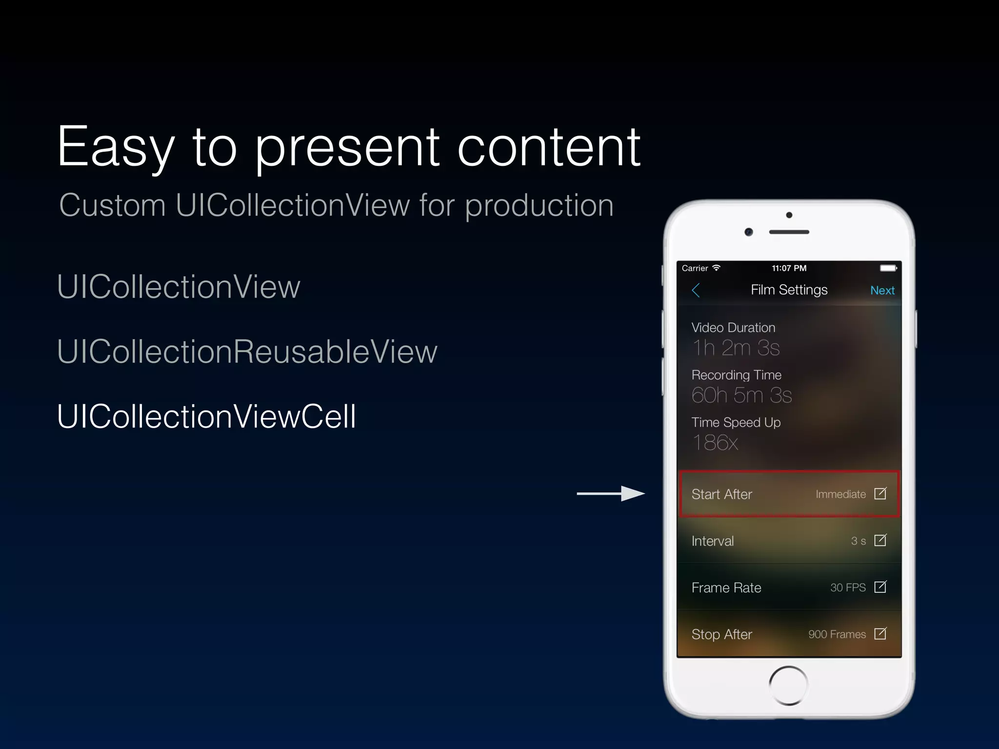 Easy to present content 
Custom UICollectionView for production 
UICollectionView 
UICollectionReusableView 
UICollectionViewCell 
! 
 