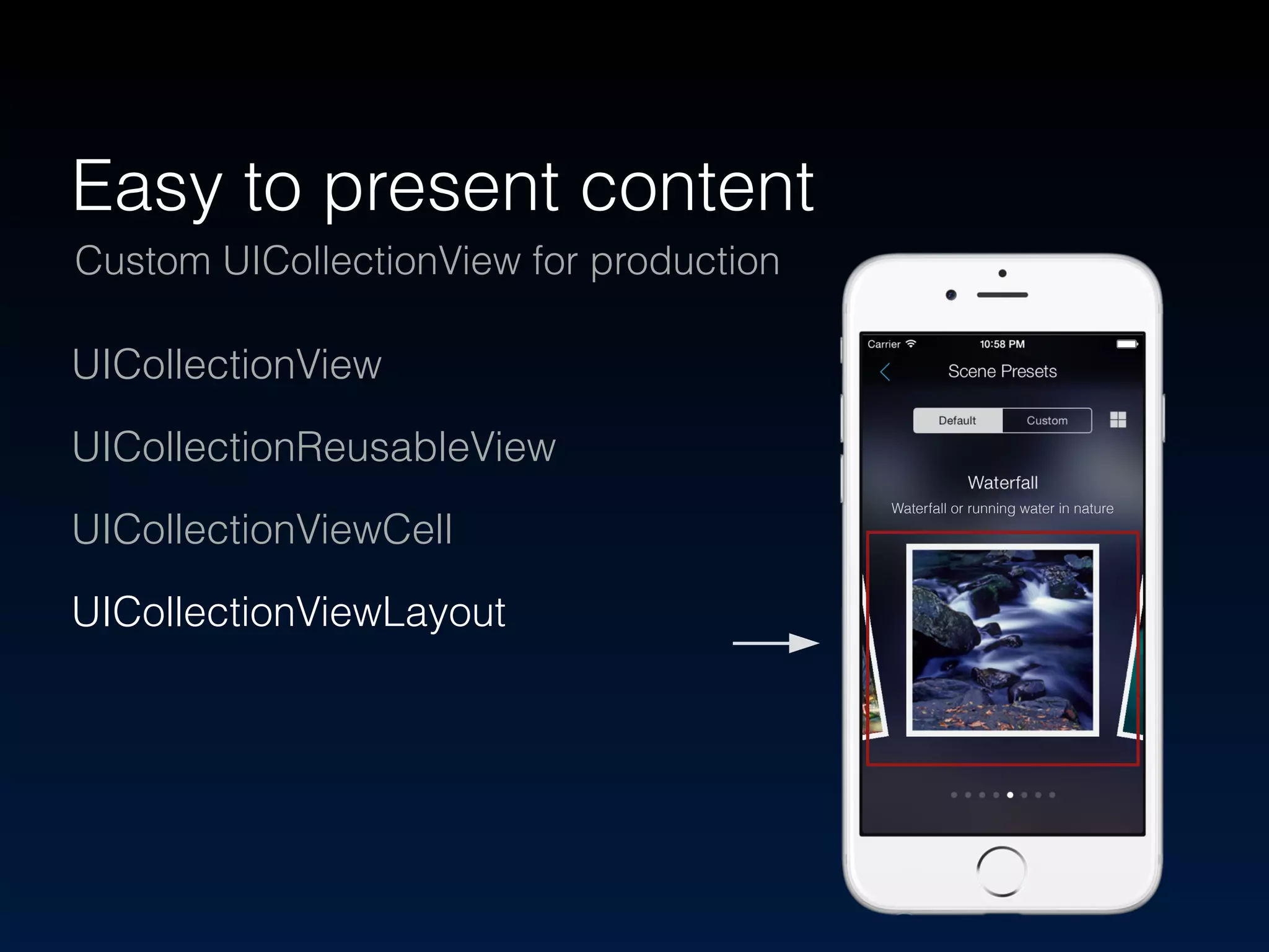 Easy to present content 
Custom UICollectionView for production 
UICollectionView 
UICollectionReusableView 
UICollectionViewCell 
UICollectionViewLayout 
Waterfall or running water in nature 
 