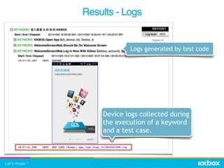 Results - Logs
Device logs collected during
the execution of a keyword
and a test case.
Logs generated by test code
 