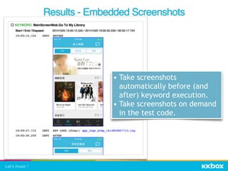 Results - Embedded Screenshots
• Take screenshots
automatically before (and
after) keyword execution.
• Take screenshots on demand
in the test code.
 
