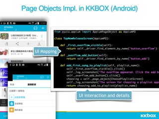 Page Objects Impl. in KKBOX (Android)
UI interaction and details
UI Mapping
 