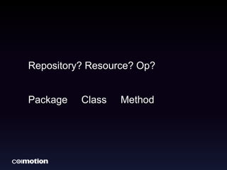 Repository? Resource? Op? 
Package Class Method 
 