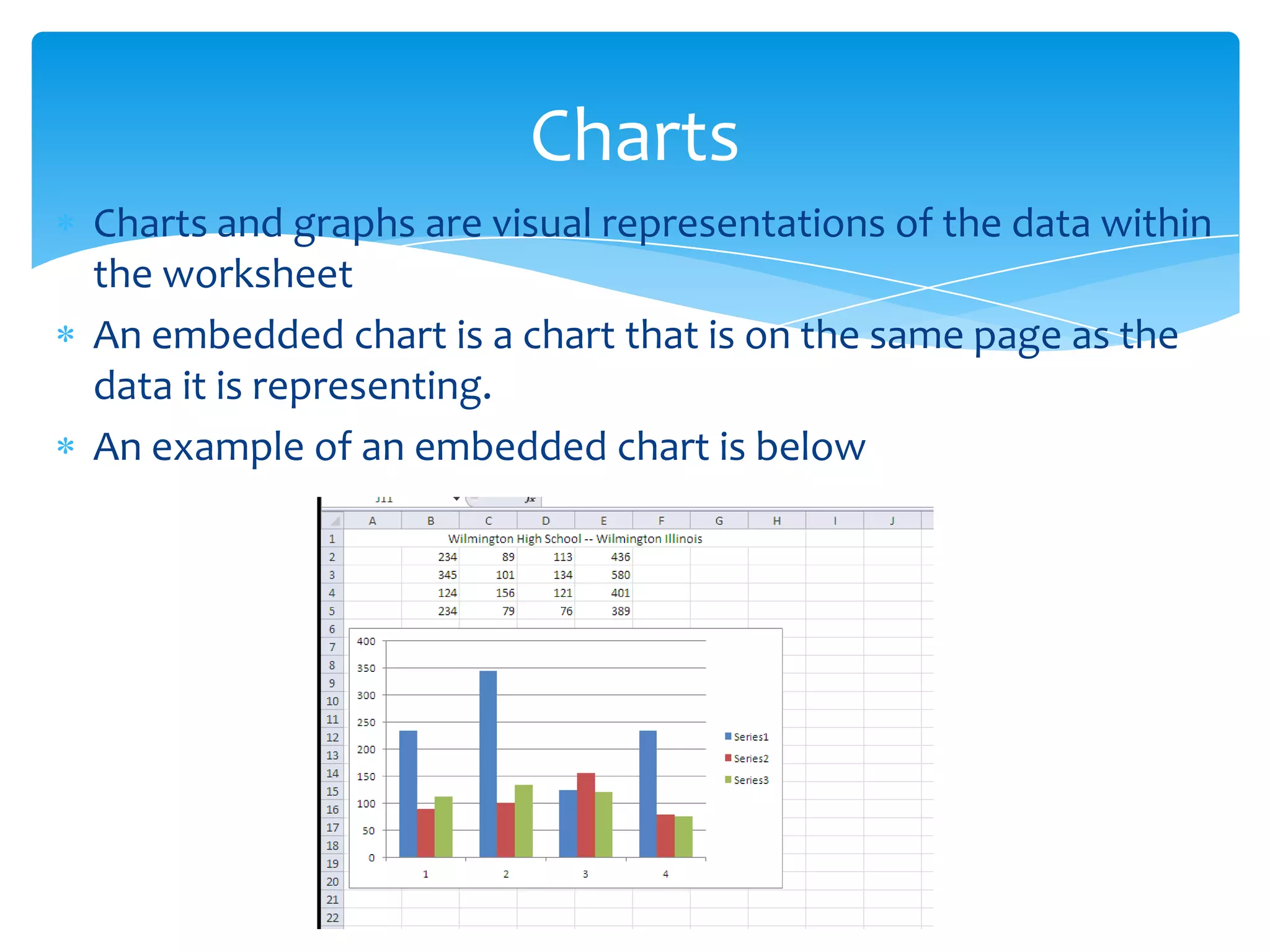  Excel allows the user to merge multiple cells together into one
large cell
 One of the main uses of this is to center titles and create
worksheets that are easier to read.
 The merge button is in the middle of the home ribbon
Merging cells
Select the range
to merge – as
shown to the
right – then click
the merge &
center button
The image to the left
shows the result of the
merge & center
 