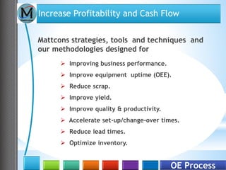 Increase Profitability and Cash Flow

Mattcons strategies, tools and techniques and
our methodologies designed for
       Improving business performance.
       Improve equipment uptime (OEE).
       Reduce scrap.
       Improve yield.
       Improve quality & productivity.
       Accelerate set-up/change-over times.
       Reduce lead times.
       Optimize inventory.


                                          OE Process
 