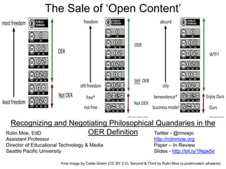 The Sale of ‘Open Content’
Recognizing and Negotiating Philosophical Quandaries in the
OER DefinitionRolin Moe, EdD
Assistant Professor
Director of Educational Technology & Media
Seattle Pacific University
Twitter - @rmoejo
http://rolinmoe.org
Paper – In Review
Slides - http://bit.ly/1Ngw5ir
First image by Cable Green (CC BY 2.0), Second & Third by Rolin Moe (a postmodern whatevs)
 