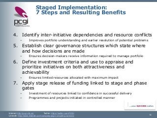 Internet: http://pcgi.mb.ca/Twitter: https://twitter.com/PCGI 
LinkedIn: http://www.linkedin.com/company/pcgi-consulting-services 13 
Staged Implementation: 7 Steps and Resulting Benefits 
4.Identify inter-initiative dependencies and resource conflicts 
–Improves portfolio understanding and earlier resolution of potential problems 
5.Establish clear governance structures which state where and how decisions are made 
–Ensures decision-makers receive information required to manage portfolio 
6.Define investment criteria and use to appraise and prioritize initiatives on both attractiveness and achievability 
–Ensures limited resources allocated with maximum impact 
7.Apply stage release of funding linked to stage and phase gates 
–Investment of resources linked to confidence in successful delivery 
–Programmes and projects initiated in controlled manner  