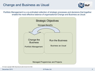 Change and Business as Usual Portfolio Management is a co-ordinated collection of strategic processes and decisions that together enable the most effective balance of organisational Change and Business as Usual. © Crown copyright 2008. Reproduced under license from OGC. 