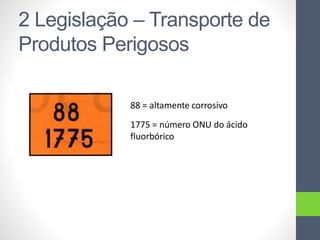 2 Legislação – Transporte de
Produtos Perigosos
88 = altamente corrosivo
1775 = número ONU do ácido
fluorbórico
 