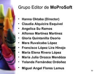Grupo Editor de MoProSoft

•   Hanna Oktaba (Director)
•   Claudia Alquicira Esquivel
•   Angelica Su Ramos
•   Alfonso Martínez Martínez
•   Gloria Quintanilla Osorio
•   Mara Ruvalcaba López
•   Francisco López Lira Hinojo
•   Maria Elena Rivera López
•   Maria Julia Orozco Mendóza
•   Yolanda Fernández Ordoñez
• Miguel Angel Flores Lemus
                                  50
 