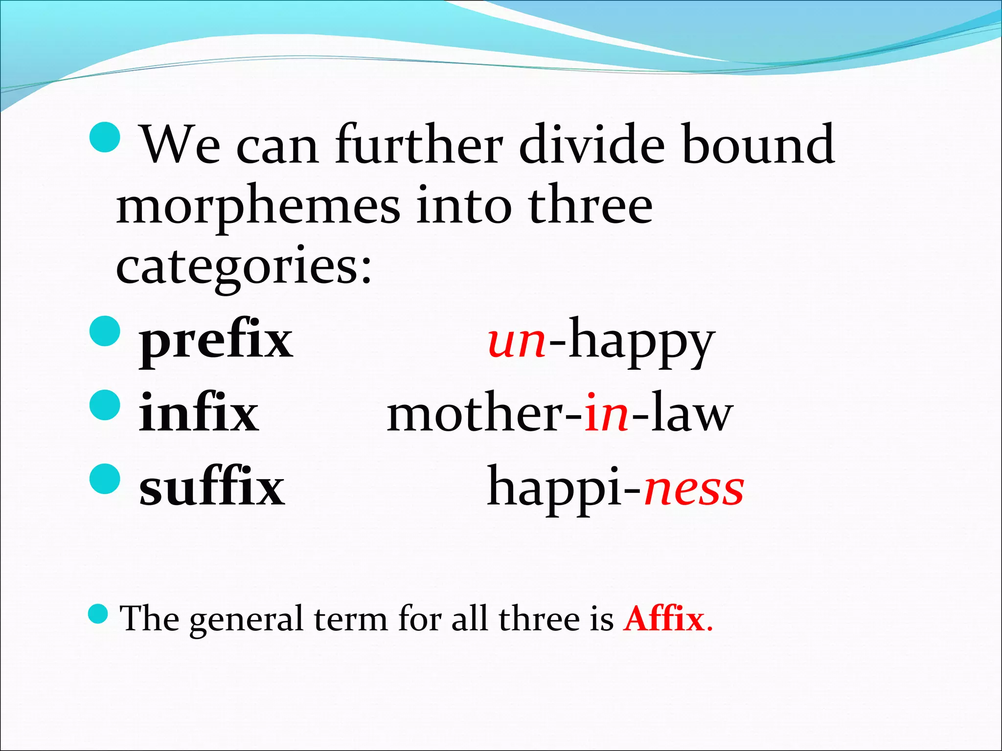 We can further divide bound
morphemes into three
categories:
prefix un-happy
infix mother-in-law
suffix happi-ness
The general term for all three is Affix.
 