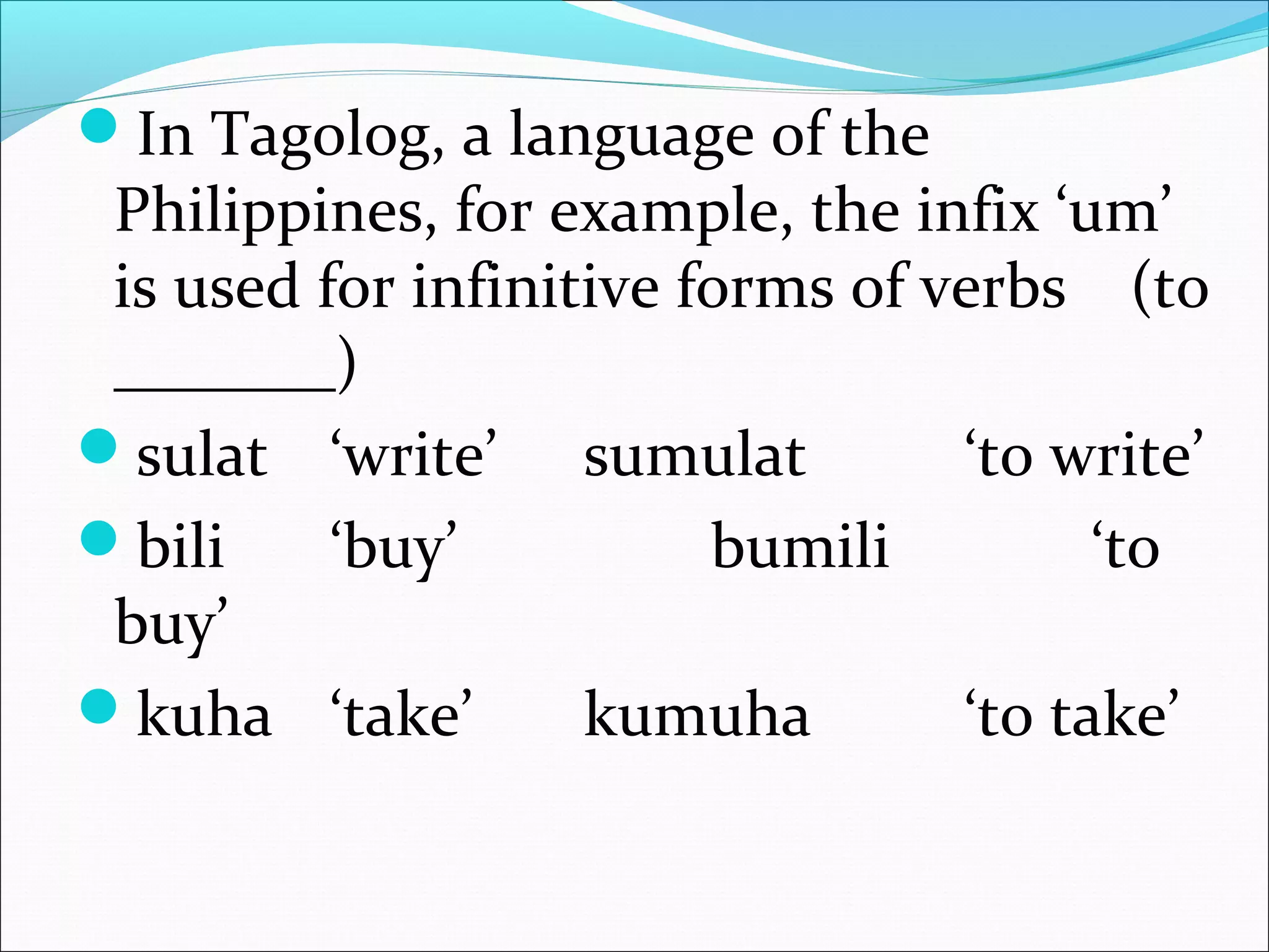 In Tagolog, a language of the
Philippines, for example, the infix ‘um’
is used for infinitive forms of verbs (to
_______)
sulat ‘write’ sumulat ‘to write’
bili ‘buy’ bumili ‘to
buy’
kuha ‘take’ kumuha ‘to take’
 
