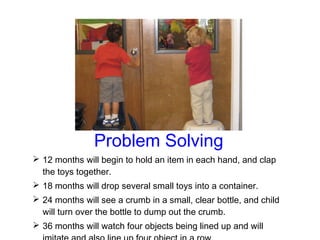 Problem Solving
 12 months will begin to hold an item in each hand, and clap
  the toys together.
 18 months will drop several small toys into a container.
 24 months will see a crumb in a small, clear bottle, and child
  will turn over the bottle to dump out the crumb.
 36 months will watch four objects being lined up and will
 