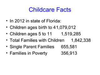 Childcare Facts
•   In 2012 in state of Florida:
•   Children ages birth to 41,079,012
•   Children ages 5 to 11       1,519,285
•   Total Families with Children 1,842,338
•   Single Parent Families      655,581
•   Families in Poverty         356,913
 