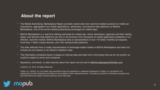 3
About the report
• The Mobile Advertising: Marketplace Report provides market data from real-time bidded auctions for mobile ad
impressions, aggregated from mobile applications, advertisers, and demand side platforms on MoPub
Marketplace, one of the world’s leading advertising exchanges for mobile apps.
• MoPub Marketplace is a real-time bidding exchange for mobile ads, where advertisers, agencies and their trading
desks, and demand side platforms can bid on ad inventory from thousands of mobile application publishers in an
efficient, real-time market. MoPub Marketplace data is representative of over 170 billion monthly ad requests,
more than 1 billion unique devices, and 140+ demand-side platforms.
• The data reﬂected here is solely representative of exchange-traded media on MoPub Marketplace and does not
include any ad network or ad network mediation data.
• The information contained herein is based on internal data and data from a third-party that we do not control, so
could be subject to errors and omissions.
• Questions, comments, or data inquiries about this report can be sent to MoPub-datareports@twitter.com
© MoPub, Inc. 2015. All Rights Reserved.
Twitter, Inc., MoPub, Inc, the Twitter logo and MoPub logo are trademarks or registered trademarks of Twitter, Inc. and MoPub, Inc.
respectively. All other trademarks and logos are the property of their respective owners. This data is provided for information purposes only
and while efforts are made to ensure accuracy, errors may arise.
 
