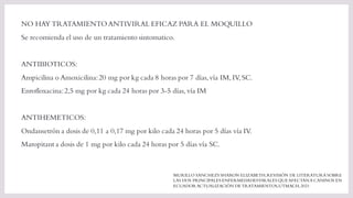 NO HAYTRATAMIENTOANTIVIRAL EFICAZ PARA EL MOQUILLO
Se recomienda el uso de un tratamiento sintomatico.
ANTIBIOTICOS:
Ampicilina o Amoxicilina:20 mg por kg cada 8 horas por 7 días,vía IM,IV,SC.
Enrofloxacina:2,5 mg por kg cada 24 horas por 3-5 días,vía IM
ANTIHEMETICOS:
Ondansetrón a dosis de 0,11 a 0,17 mg por kilo cada 24 horas por 5 días vía IV.
Maropitant a dosis de 1 mg por kilo cada 24 horas por 5 días vía SC.
MURILLO SANCHEZS SHARON ELIZABETH,REVISIÓN DE LITERATURA SOBRE
LAS DOS PRINCIPALES ENFERMEDADESVIRALES QUE AFECTANA CANINOS EN
ECUADORACTUALIZACIÓN DE TRATAMIENTOS,UTMACH,2021
 