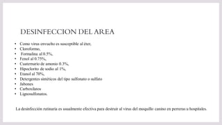 DESINFECCION DEL AREA
• Como virus envuelto es susceptible al éter,
• Cloroformo,
• Formalina al 0.5%,
• Fenol al 0.75%,
• Cuaternario de amonio 0.3%,
• Hipoclorito de sodio al 1%,
• Etanol al 70%,
• Detergentes sintéticos del tipo sulfonato o sulfato
• Jabones
• Carboxilatos
• Lignosulfonatos.
La desinfección rutinaria es usualmente efectiva para destruir al virus del moquillo canino en perreras u hospitales.
 