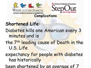 ComplicationsShortened Life: Diabetes kills one American every 3 minutes and is the 7th leading cause of Death in the U.S. Life expectancy for people with diabetes has historically been shortened by an average of 7 To 10 years, and the risk of death for people with diabetes is about double that of people of similar age without it.