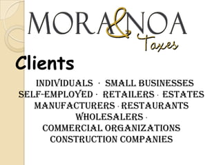 ClientsIndividuals  ·  Small BusinessesSelf-Employed ·  Retailers ·  Estates Manufacturers · Restaurants Wholesalers · Commercial Organizations Construction Companies