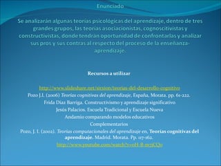 Recursos a utilizar   http://www.slideshare.net/sirxion/teorias-del-desarrollo-cognitivo Pozo J.I. (2006)  Teorías cognitivas del aprendizaje , España, Morata. pp. 61-222. Frida Díaz Barriga. Constructivismo y aprendizaje significativo Jesús Palacios. Escuela Tradicional y Escuela Nueva Andamio comparando modelos educativos Complementarios Pozo, J. I. (2002).  Teorías computacionales del aprendizaje  en,  Teorías cognitivas del aprendizaje.  Madrid. Morata. Pp. 117-162. http://www.youtube.com/watch?v=oH-B-m7jCQ0 